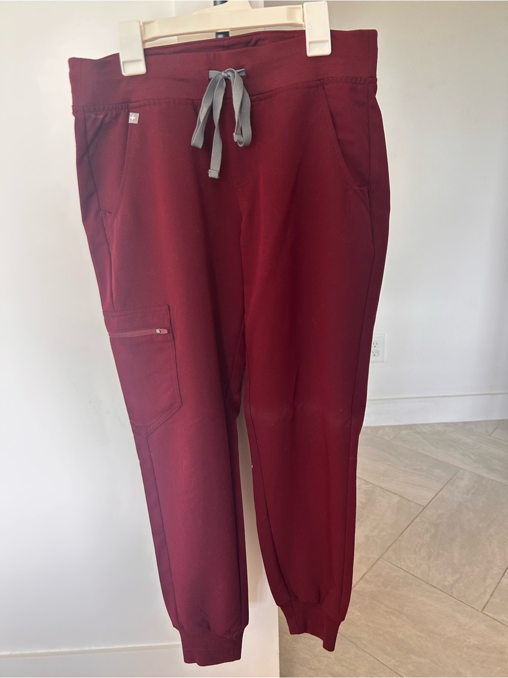 Figs Maroon Jogger Scrub Pants with Gray Drawstring